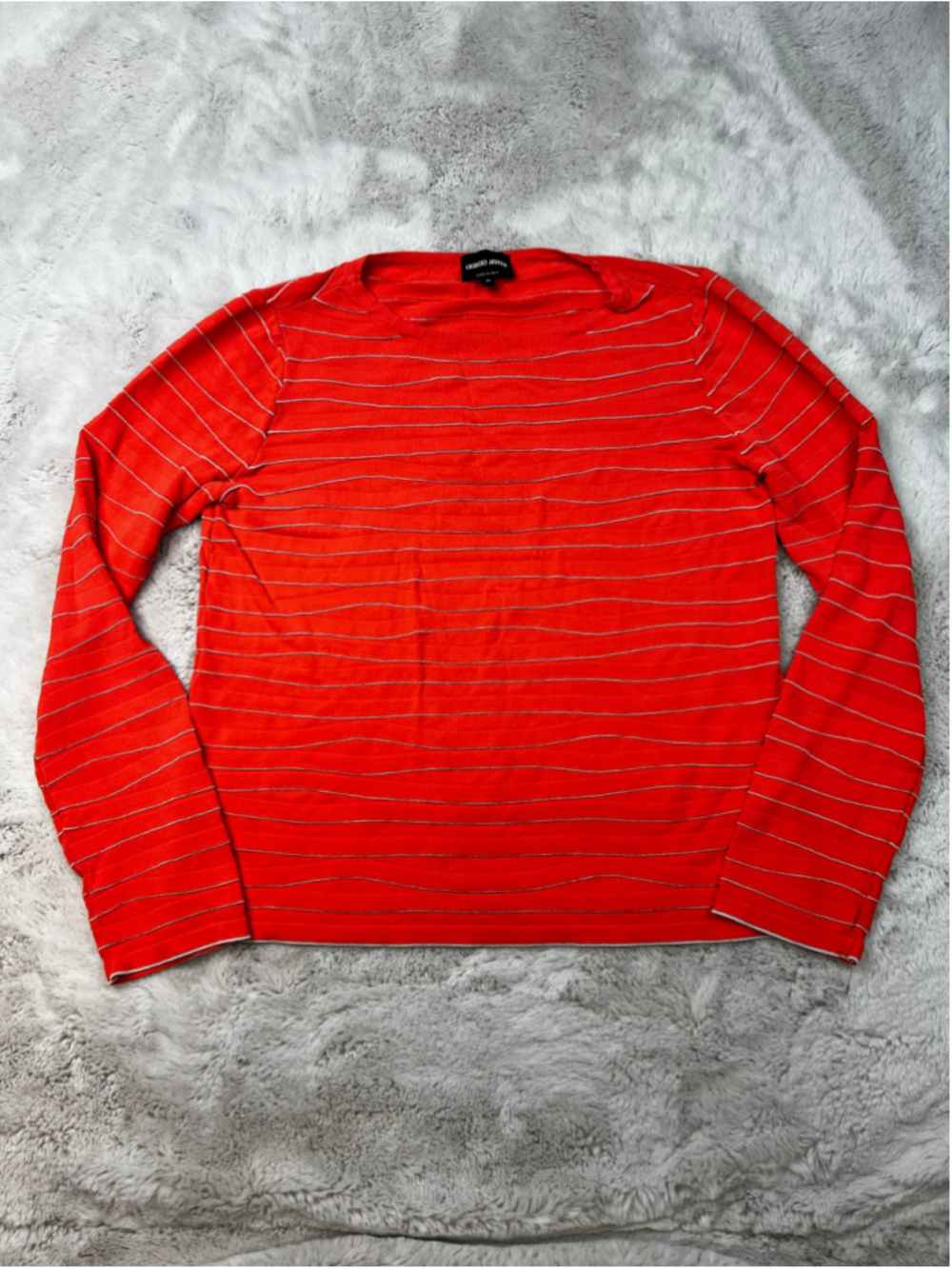 GIORGIO ARMANI Top Size 10 Sweater Coral Orange Silver Striped Long Sleeve